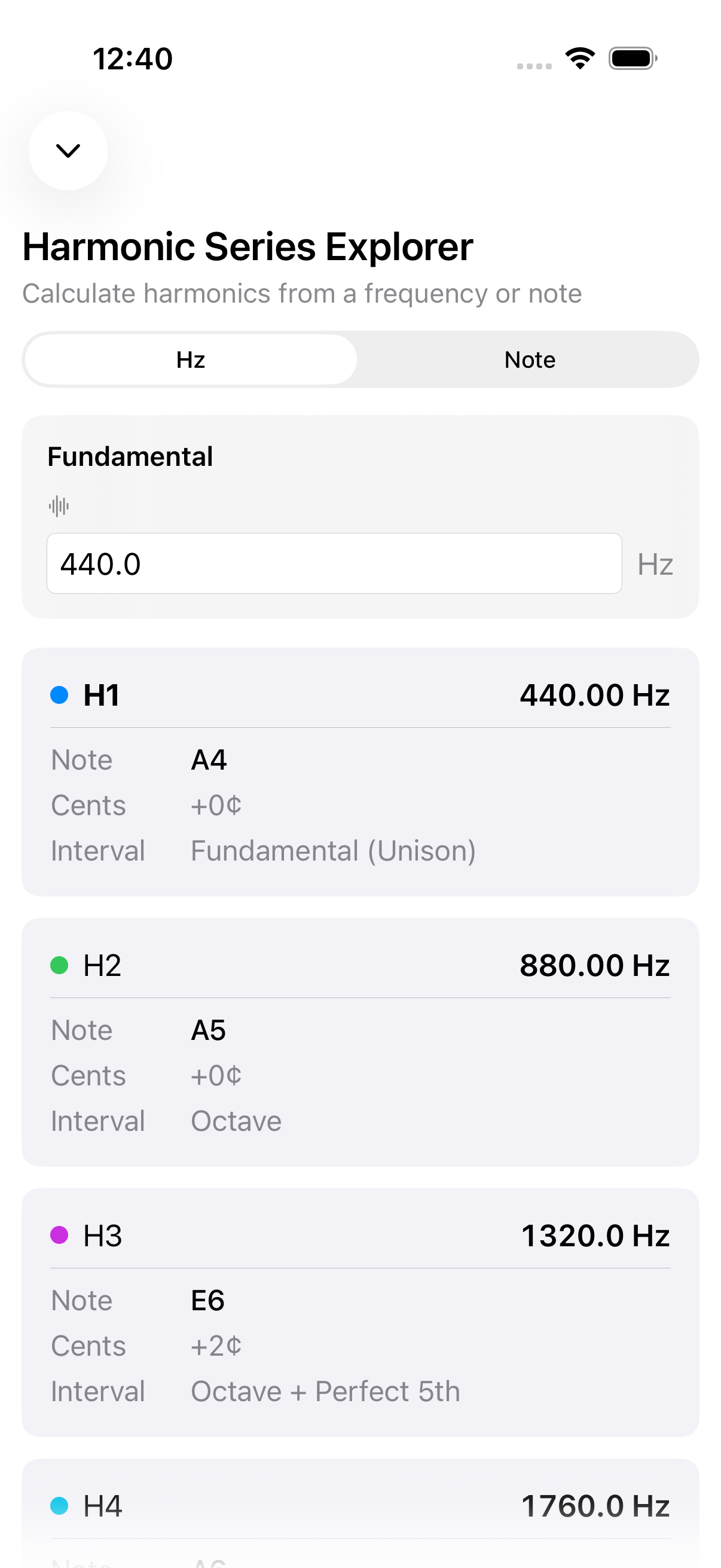 Harmonic series screen on iPhone
